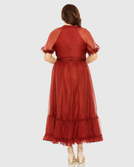 Red Sheer Puff Sleeve Dress