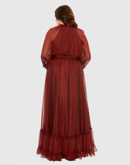 Red Puff Sleeve w/ Embellished Cuff Mock Neck A Line Gown