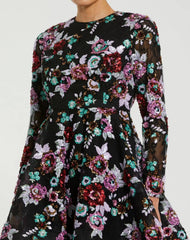Black High Neck Long Sleeve Sequin A Line Mini Dress