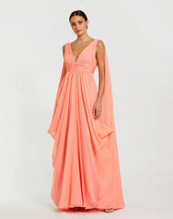 Pink V-Neck A-Line Chiffon Gown with Draped Details