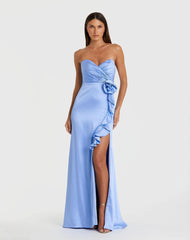 Blue Strapless Satin Column Gown With 3D Flower