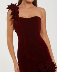 Dark Velvet One Shoulder Trumpet Gown With Flowers