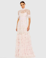 Embroidered Floral Tiered Smock Neck Gown