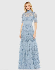 Embroidered Floral Tiered Smock Neck Gown