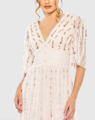 Pink Floral V-Neck Ruffle Detail Empire Waist Gown