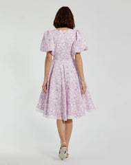 Multicolor Embroidered Floral Puff Sleeve Midi Dress