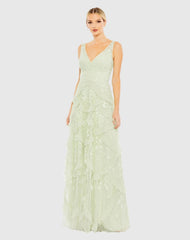 Green Sequined Scallop Ruffle Tiered V-Neck Gown