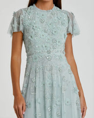 Blue Embellished High Neck Flutter Sleeve A Line Dress