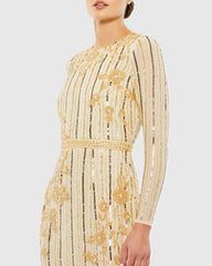 Gold Long Sleeve Embellished Tea Length Dress