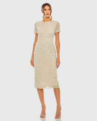 Beige High Neck Short Sleeve Embellished Midi Sheath Dress