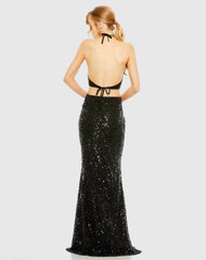 Black Cut Out Halter Tie Back Sequin Gown