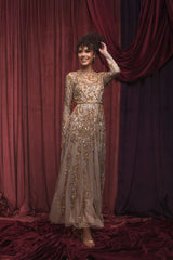 Beige Long Sleeve Hand Embellished Gown