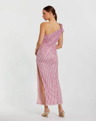 Pink One Shoulder Beaded Mesh Dress With Flower