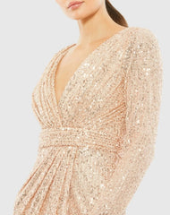 Pink Sequined Long Sleeve Midi Dress