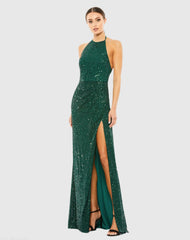Green Sequin Open Back Halter Neck Gown