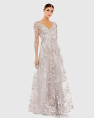 Purple Embroidered Illusion Long Sleeve A Line Gown