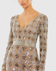 Brown Geometric Embellished Evening Gown