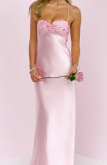Chilli Pink Beaded Bust Satin Maxi Dress
