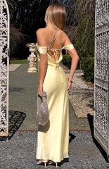 Danni Light Yellow Tie Off Shoulder Formal Maxi Dress