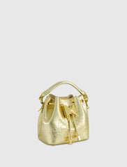 Crinkle Metallic Gold Leather Mini Bucket Bag with Detachable Strap