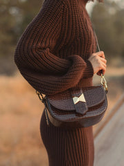 Brown Crocodile Leather Saddle Bag With Gold Hardware