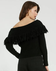 Black Off The Shoulder Fringe Knit Sweater