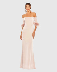 Pink Feather Trim Off The Shoulder Column Gown