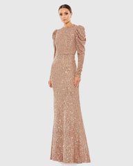 Sequined High Neck Puff Long Sleeve Column Gown