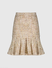 Beige High Waist Box Pleat Boucle Mini Skirt