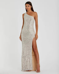 Silver Sequined One Shoulder Draped Back Gown