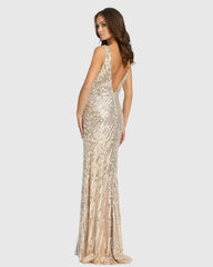Beige and Silver Sleeveless Diagonal Sequined V-Neck Gown - FINAL SALE