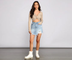 Ribbed Knit Twist Front Crop Top