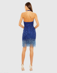 Blue Cross Front Keyhole Top Beaded Fringe Mini Dress