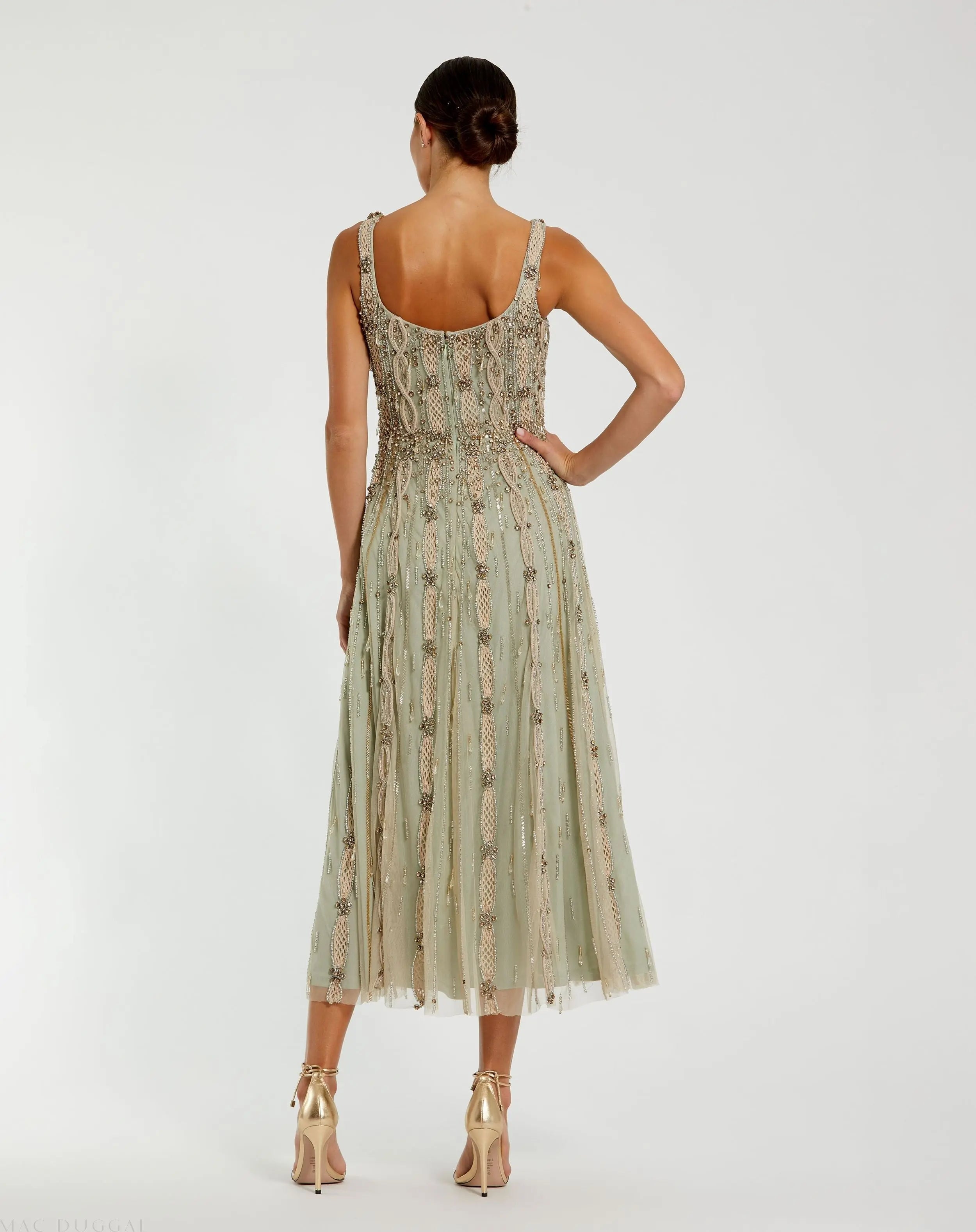 Green Embellished Mesh Sleeveless Scoop Neck Midi Dress