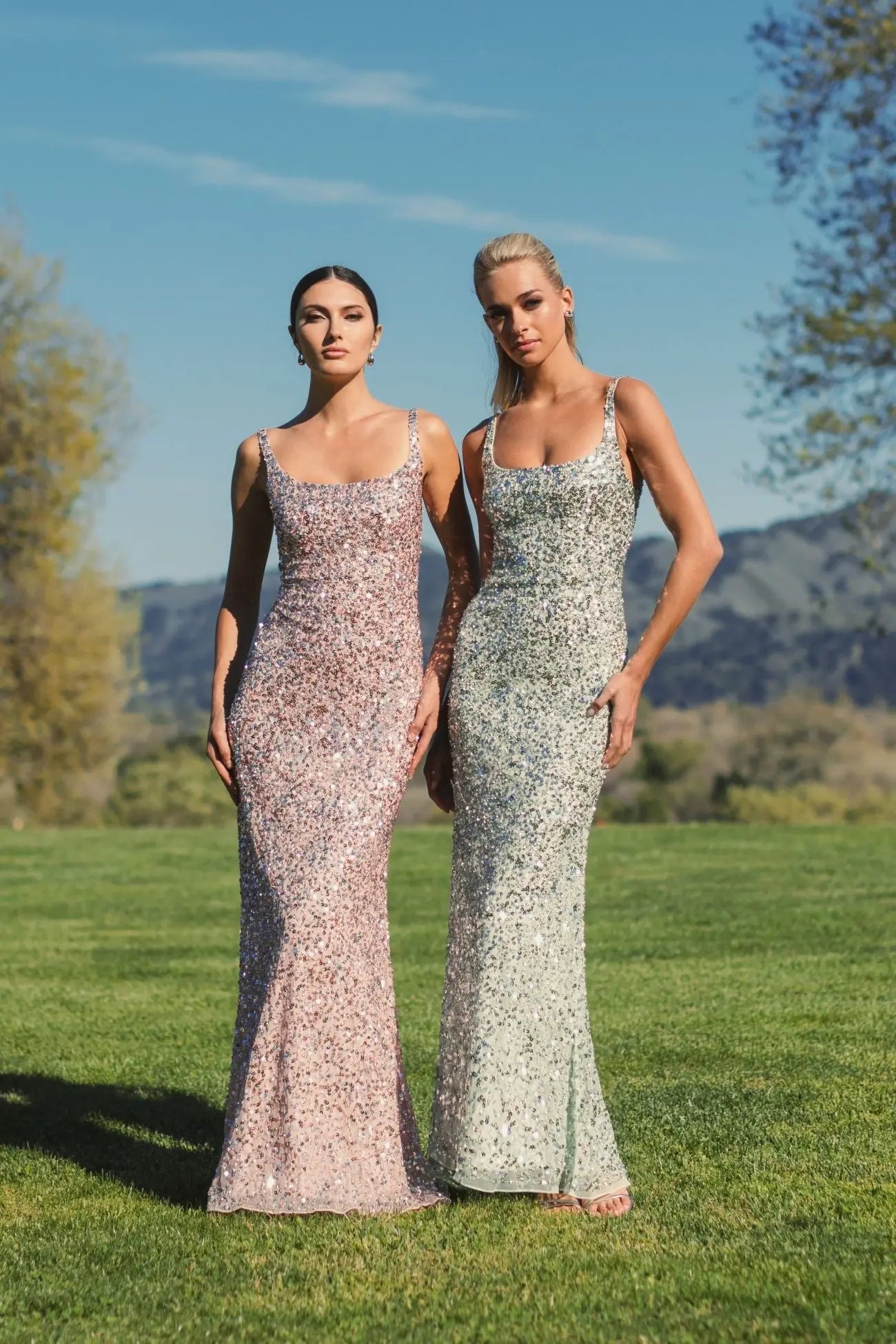 Green Sequined Low Back Slip Gown