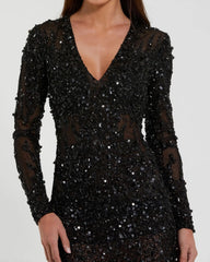 Black Long Sleeve Sheer Embellished Mini Dress
