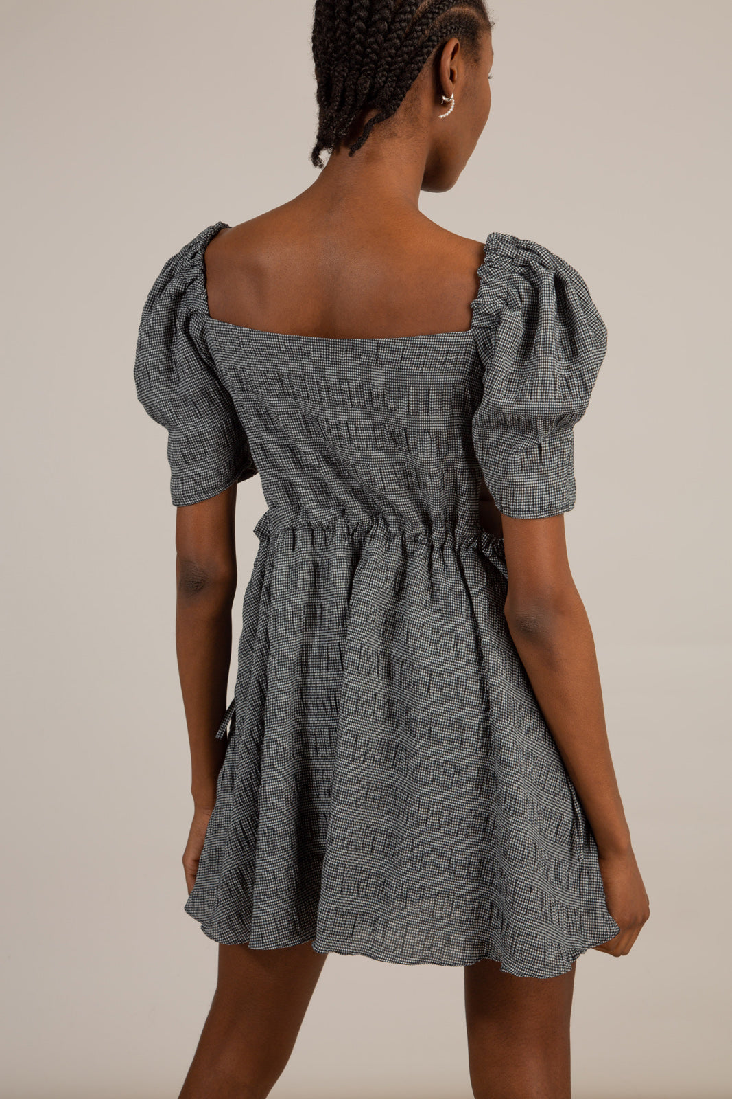Black and white textured off shoulder mini dress
