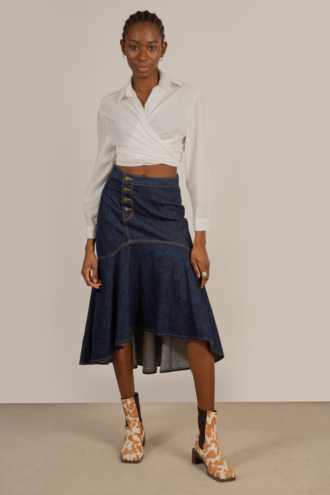 Dark blue large ruffle hi-low hem denim skirt - 807