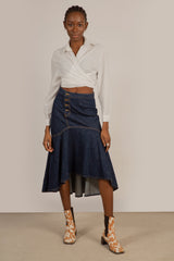 Dark blue large ruffle hi-low hem denim skirt - 807