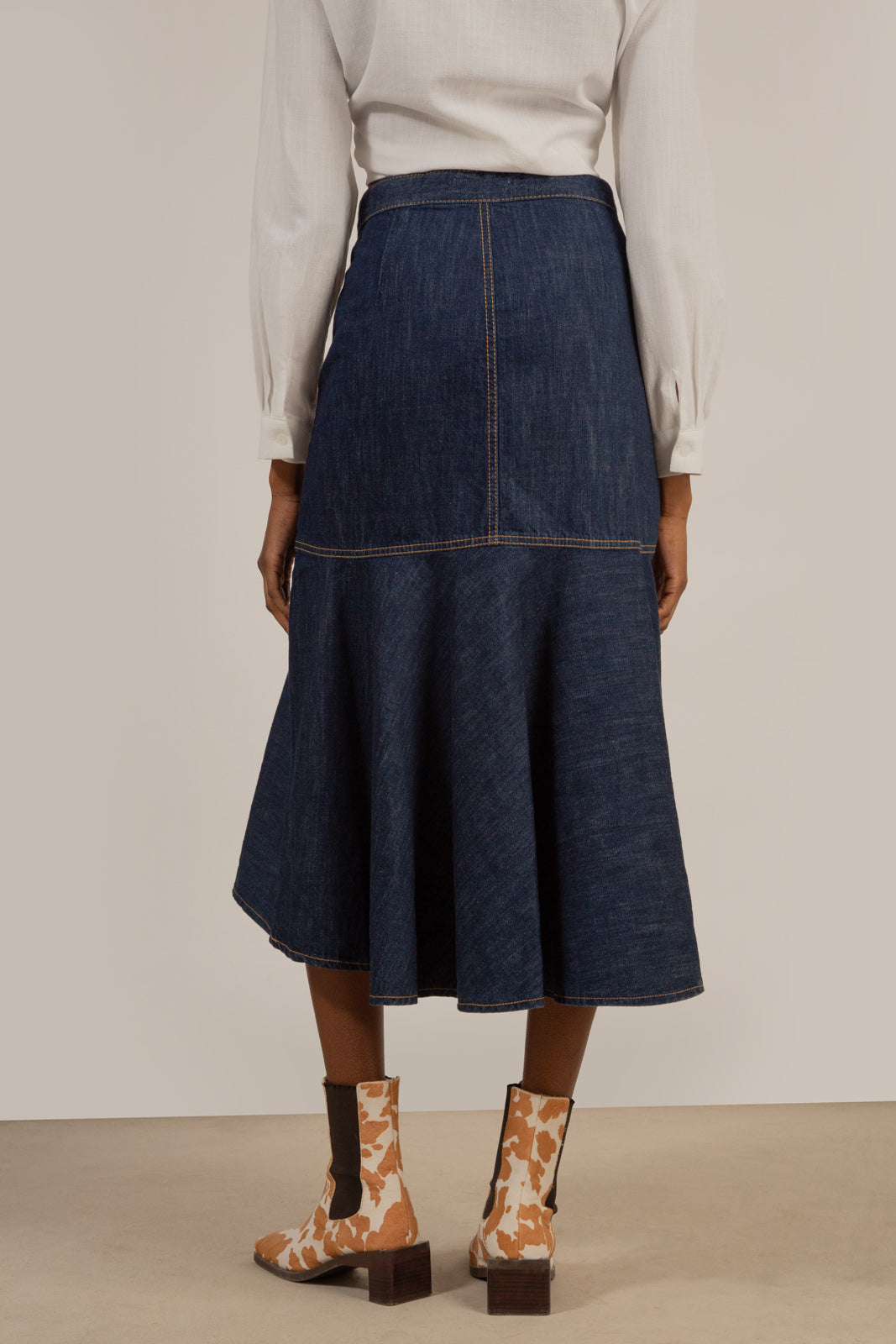 Dark blue large ruffle hi-low hem denim skirt - 807