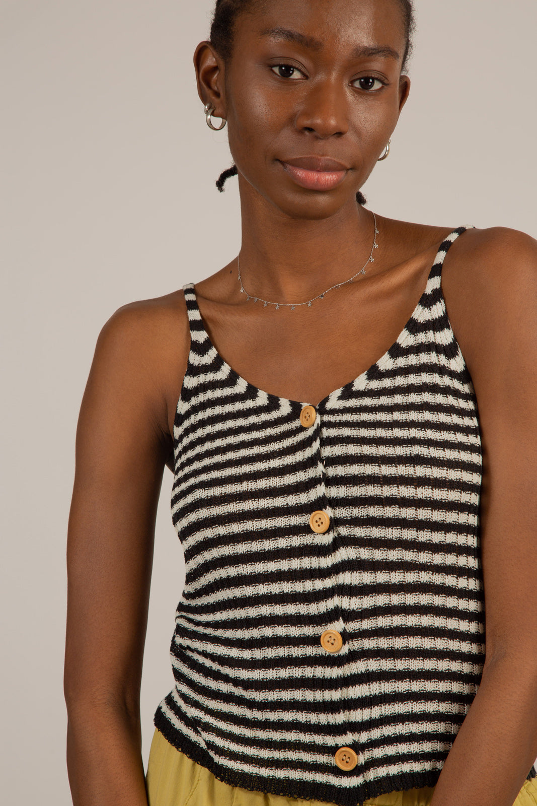 Black and white striped button up knit tank