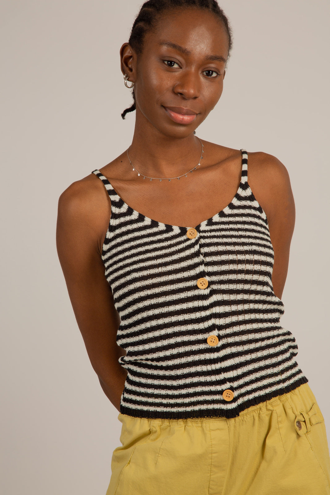 Black and white striped button up knit tank
