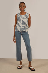 Ivory and black leaves print sleeveless top