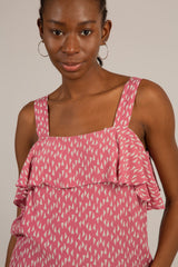 Pink and white triangle print ruffle tank