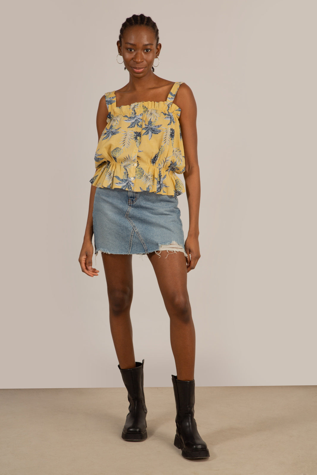 Mustard pineapple print button front tank