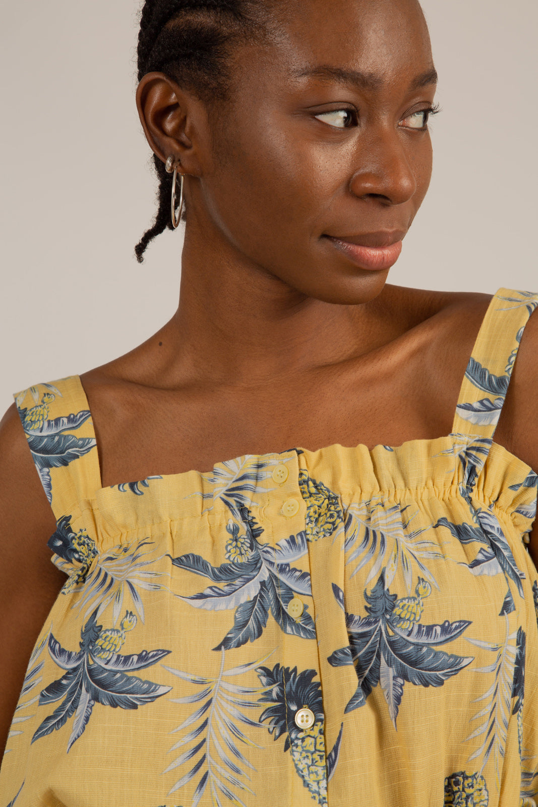 Mustard pineapple print button front tank