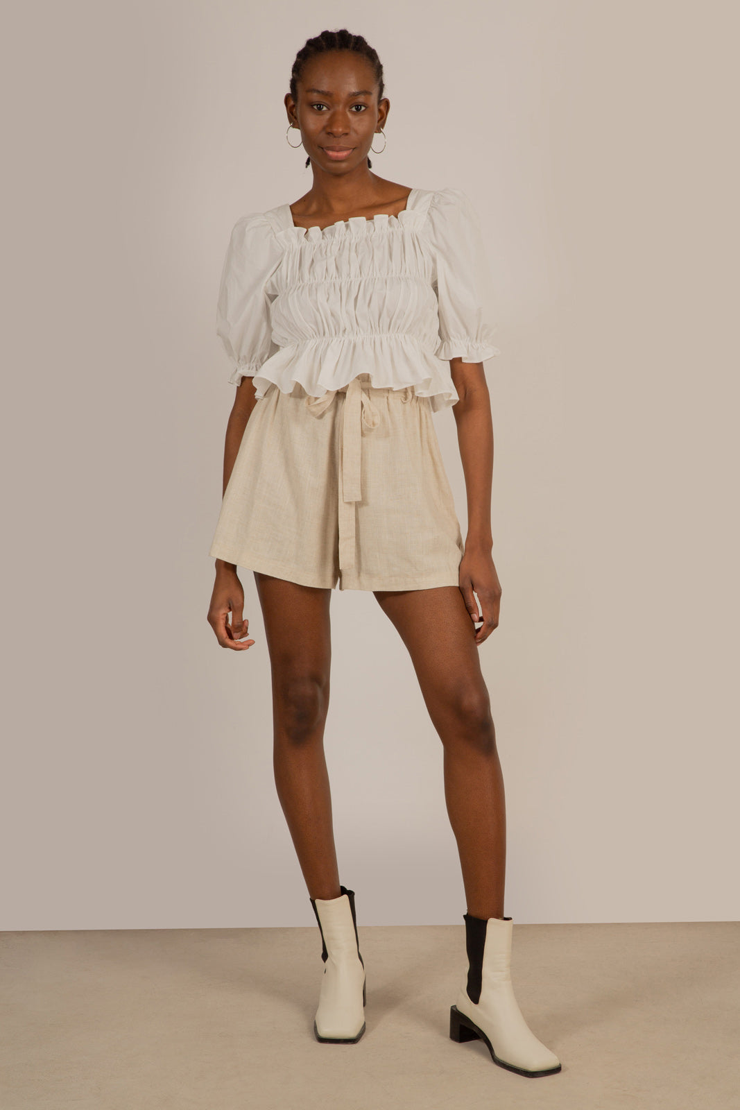 Oatmeal ruched waist belted linen shorts