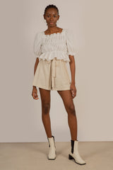 Oatmeal ruched waist belted linen shorts