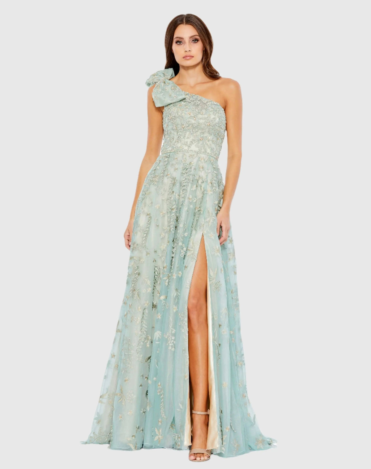 Green Embellished Bow One Shoulder A Line Gown