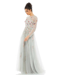 Gray Embroidered Illusion High Neck Long Sleeve A Line Gown